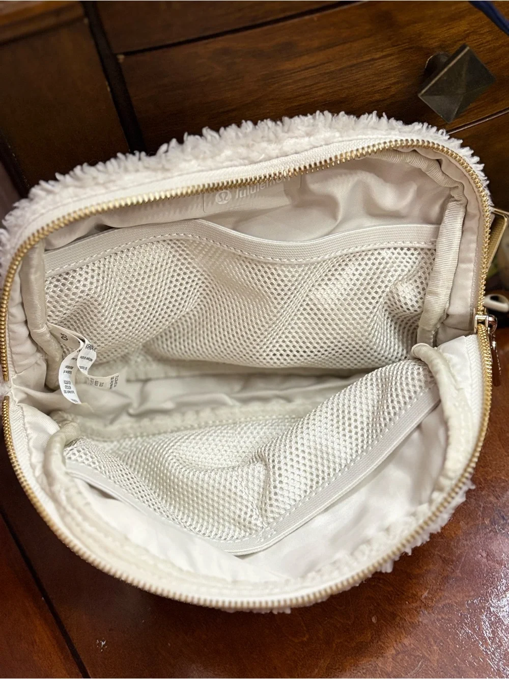 lululemon athletica Cream Sherpa Crossbody Belt Bag with Gold Accent